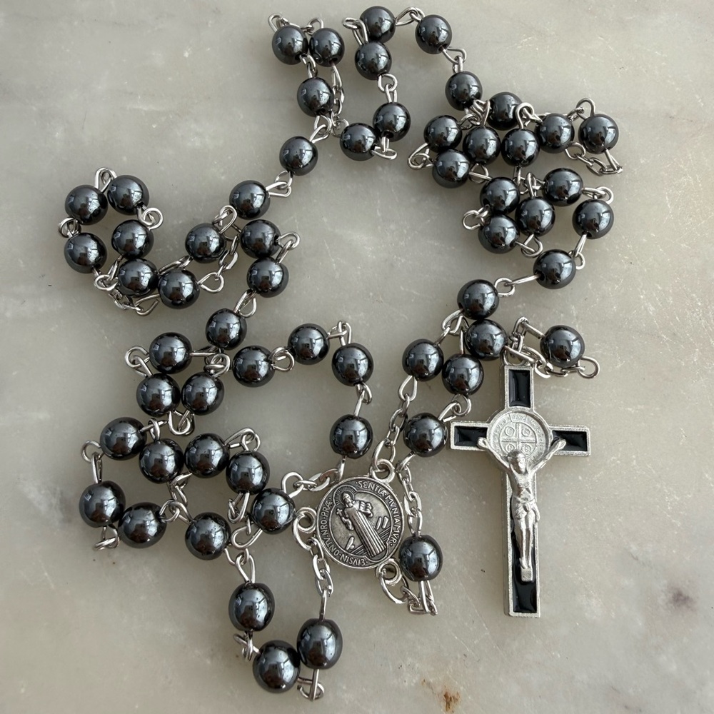Black Beaded Rosary with Silver Cross